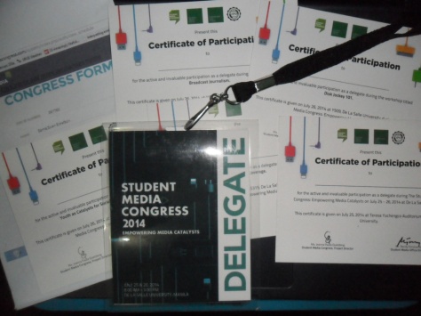 Some SMC stuff: Certificates of participation, congress form print-out, and my delegate ID.